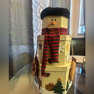 Christmas Holiday Stackable Gift Boxes Display Snowman Tower Tree 3pc set